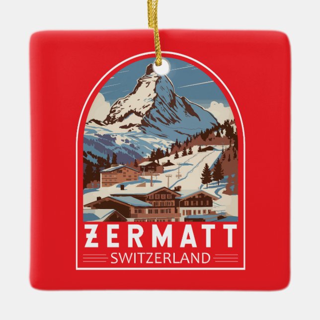 Adorno De Cerámica Zermatt Suiza Ilustracion Viaje Retro (Anverso)