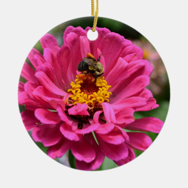 Adorno De Cerámica Zinnia rosa y abeja de burbujas (Frente)
