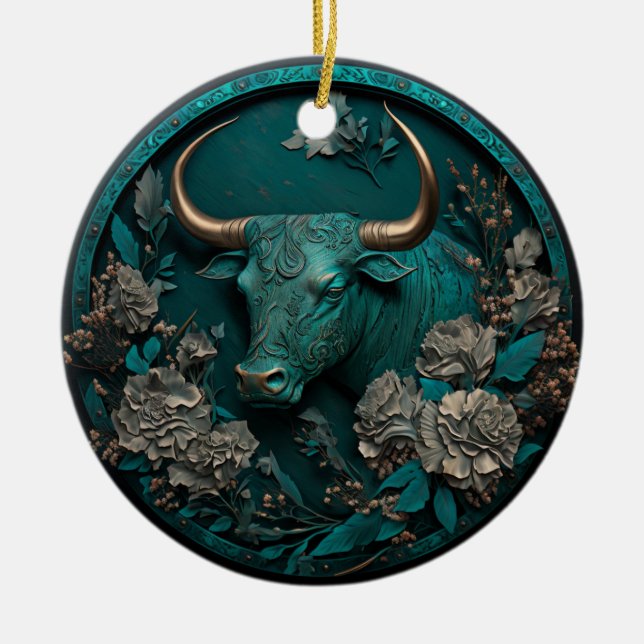 Adorno De Cerámica Zodiac Taurus arte Metalizado (Frente)