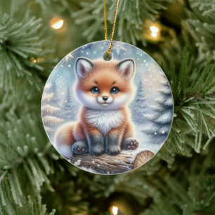 Adorno De Cerámica Zorrito en pinos invernales