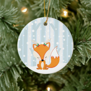 Adorno De Cerámica Zorro adorable de Navidad en el bosque