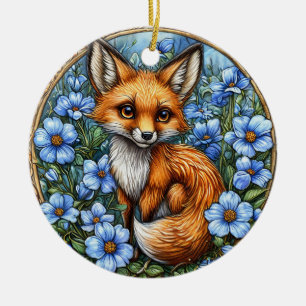 Adorno De Cerámica Zorro Adorable Rodeado de Flores Azules Vibrantes