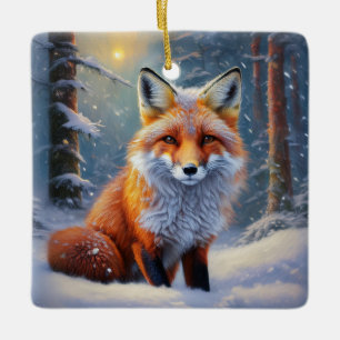 Adorno De Cerámica Zorro Cubierto De Nieve En Bosque Cubierto De Niev