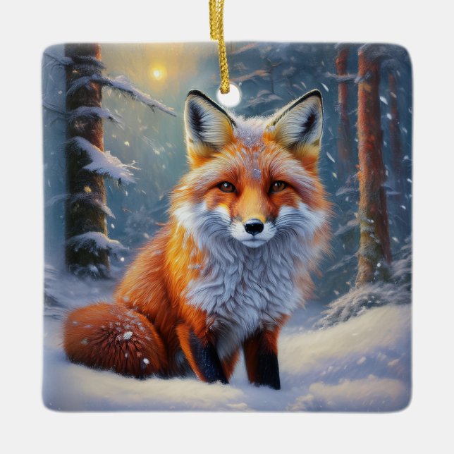 Adorno De Cerámica Zorro Cubierto De Nieve En Bosque Cubierto De Niev (Anverso)