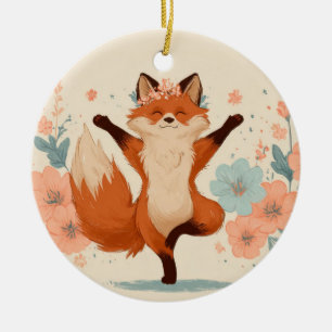 Adorno De Cerámica Zorro Feliz con Flores – Arte Animal Caprichoso y