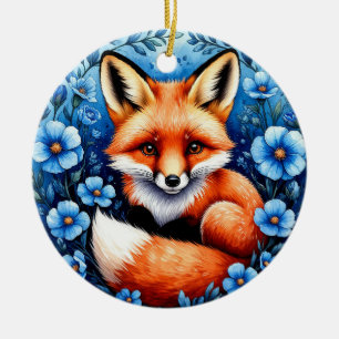 Adorno De Cerámica Zorro rodeado de flores azules
