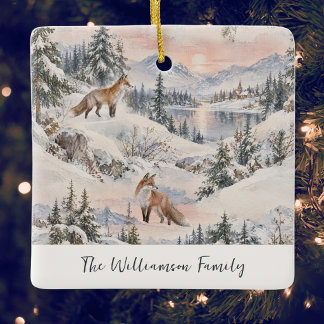 Adorno De Cerámica Zorros de Invierno Acuarela Navidad Personalizada