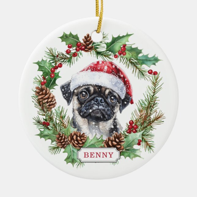 Adorno de círculo de cerámica de perro Pug (Frente)