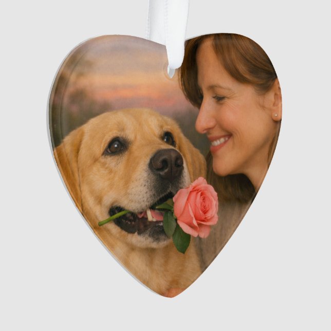 Adorno de corazón de acrílico - Perro con rosa al  (Anverso)