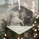 Adorno De Cristal 1.ª Navidad 2 gatos o cualquier Mascota simple hex<br><div class="desc">Celebra las simples alegrías de tus nuevos miembros peludos con un adorno de vidrio en forma de hexágono de foto personalizado. La imagen gatita y todo el texto de esta plantilla son fáciles de personalizar. Si se prefiere, cambie "Nuestra primera Navidad" por cualquier texto o cree un adorno conmemorativo. Se...</div>