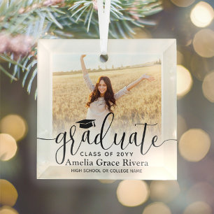 Adorno De Cristal 1 Photo Graduation Elegant Black Script Class Year