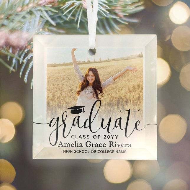 Adorno De Cristal 1 Photo Graduation Elegant Black Script Class Year (Subido por el creador)