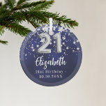 Adorno De Cristal 21 años estrellas de plata azul marino<br><div class="desc">Un color de fondo azul marino con estrellas falsas de plata. El color azul es desigual. Añadir su nombre,  texto/fecha</div>
