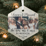 Adorno De Cristal 3 Foto de recién casados Merry y Faux Marble<br><div class="desc">Celebra una alegre primera festividad como recién casados con un collage de fotos de 3 personalizados con forma de ornamento de vidrio hexagonal "Merry & Married". Las imágenes y la redacción de esta plantilla son fáciles de personalizar. (IMAGEN PLACEMENT TIP: Una manera fácil de centrar una foto exactamente como quieres...</div>