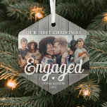 Adorno De Cristal 3 Foto Primera Navidad Faux Wood gris comprometido<br><div class="desc">Celebra la alegre primera festividad de tu compromiso con un collage de fotos de personalizado 3 "Nuestra primera Navidad comprometida" color gris imitación madera hexágono adorno de vidrio. Todos los textos e imágenes de esta plantilla son fáciles de personalizar. (IMAGEN PLACEMENT TIP: Una manera fácil de centrar una foto exactamente...</div>