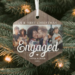 Adorno De Cristal 3 Foto Primera Navidad Involucrada Faux Wood<br><div class="desc">Celebra la alegre primera festividad de tu compromiso con un collage de fotos personalizado 3 "Nuestra primera Navidad comprometida" en forma de faux wood hexagón en forma de adorno de vidrio. Todos los textos e imágenes de esta plantilla son fáciles de personalizar. (IMAGEN PLACEMENT TIP: Una manera fácil de centrar...</div>