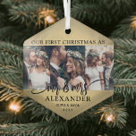 Adorno De Cristal 3 Foto Sr. y Sra. 1st Navidades Relieve metalizado<br><div class="desc">Celebrar una feliz primera festividad como pareja casada con un collage de fotos de personalizado 3 "Nuestra primera Navidad como señor. y " adorno de vidrio en forma de hexágono negro y dorado. Todos los textos e imágenes de esta plantilla son fáciles de personalizar. (IMAGEN PLACEMENT TIP: Una manera fácil...</div>