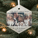 Adorno De Cristal 3 Fotografía de recién casados Primera Navidad Cas<br><div class="desc">Celebra una feliz primera fiesta como señor. Y la señora con un personalizado de 3 fotos de color "Nuestra primera Navidad casada" de vidrio hexágono. Todos los textos e imágenes de esta plantilla son fáciles de personalizar. Si se prefiere, la tipografía del guión puede leer "Juntos" o "Comprometidos" (IMAGEN DESIGN...</div>
