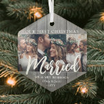 Adorno De Cristal 3 Fotografía recién casados Primera Navidad Faux W<br><div class="desc">Celebra una feliz primera fiesta como señor. Y la señora con un collage de fotos de personalizado 3 "Nuestra primera Navidad casada" color gris imitación hexágono de madera de imitación. Todos los textos e imágenes de esta plantilla son fáciles de personalizar. Si se prefiere, la tipografía del guión puede leer...</div>