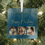 Adorno De Cristal 3 Luces Rustic Blue Garland de Collage de fotos<br><div class="desc">"Navidades felices" con un hermoso guión de oro falso sobre un fondo azul. Reemplace las fotos con 3 de sus fotos favoritas personales. Las luces de cuerda falsas de oro añaden a la belleza de este adorno. Cambia el año y qué hermoso adorno. Elegante. Tan simple,  pero moda.</div>