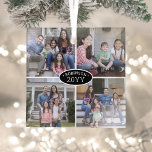 Adorno De Cristal 4 Nombre de familia de Collage de fotos y Año Blan<br><div class="desc">Celebra las simples alegrías de las festividades con un personalizado de fotos de color blanco y negro de vidrio cuadrado. Todos los textos e imágenes de esta plantilla son fáciles de personalizar. (IMAGEN PLACEMENT TIP: Una manera fácil de centrar una foto exactamente como quieres es recortarla antes de subirla al...</div>