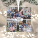 Adorno De Cristal 4 Nombre de familia de Collage de fotos y Año Blan<br><div class="desc">Celebra las simples alegrías de las festividades con un personalizado de fotos de color blanco y negro de vidrio cuadrado. Todos los textos e imágenes de esta plantilla son fáciles de personalizar. (IMAGEN PLACEMENT TIP: Una manera fácil de centrar una foto exactamente como quieres es recortarla antes de subirla al...</div>