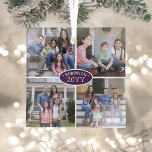 Adorno De Cristal 4 Nombre de familia de Collage de fotos y Año Púrp<br><div class="desc">Celebra las simples alegrías de las festividades con un adorno de vidrio cuadrado púrpura y blanco personalizado 4. Todos los textos e imágenes de esta plantilla son fáciles de personalizar. (IMAGEN PLACEMENT TIP: Una manera fácil de centrar una foto exactamente como quieres es recortarla antes de subirla al sitio web...</div>