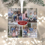 Adorno De Cristal 4 Nombre de familia de Collage de fotos y Año Rojo<br><div class="desc">Celebra las simples alegrías de las festividades con un adorno de vidrio cuadrado rojo y blanco personalizado 4. Todos los textos e imágenes de esta plantilla son fáciles de personalizar. (IMAGEN PLACEMENT TIP: Una manera fácil de centrar una foto exactamente como quieres es recortarla antes de subirla al sitio web...</div>