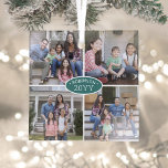 Adorno De Cristal 4 Nombre de familia de Collage de fotos y Año Verd<br><div class="desc">Celebra las simples alegrías de las vacaciones con un verde azulada de fotos de color blanco y personalizado adorno de vidrio cuadrado. Todos los textos e imágenes de esta plantilla son fáciles de personalizar. (IMAGEN PLACEMENT TIP: Una manera fácil de centrar una foto exactamente como quieres es recortarla antes de...</div>