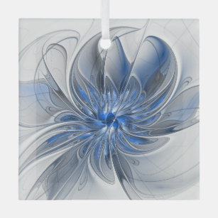 Adorno De Cristal Abstracto Flor de arte fractal de color gris azul