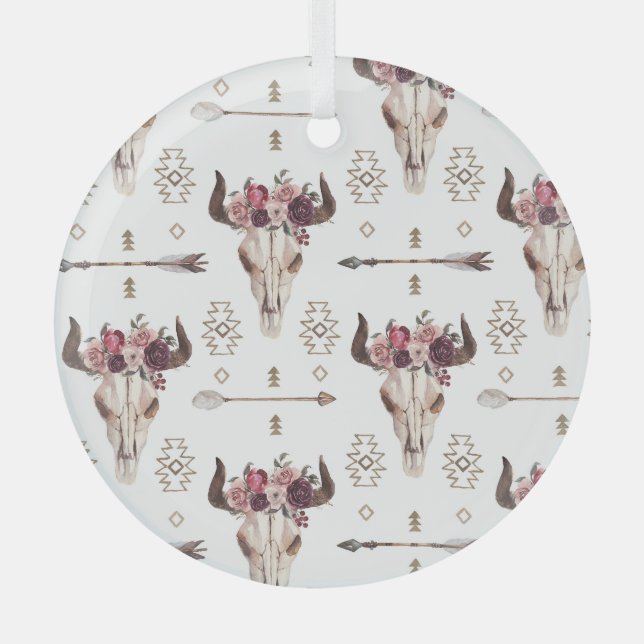 Adorno De Cristal acuarela Boho: flechas, patrón de cráneo. (Anverso)
