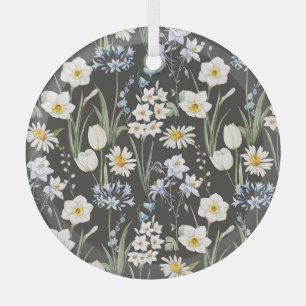 Adorno De Cristal Acuarela botánica, patrón de resorte floral.