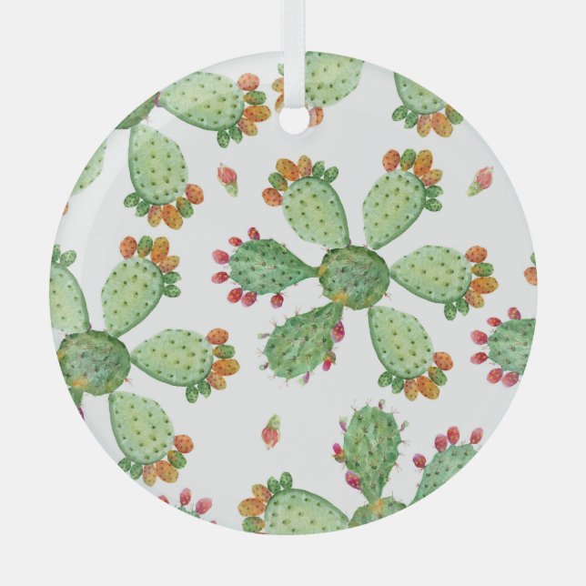 Adorno De Cristal Acuarela Cacti: Patrón de jardín tropical. (Anverso)