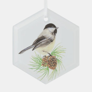 Adorno De Cristal Acuarela Chickadee Bird Pine Cone Nature