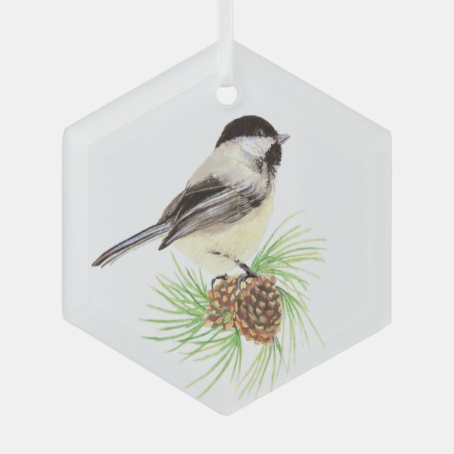 Adorno De Cristal Acuarela Chickadee Bird Pine Cone Nature (Anverso)
