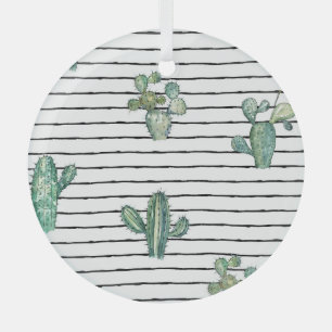 Adorno De Cristal Acuarela de Cactus: Dibujo de Pluma Vintage.