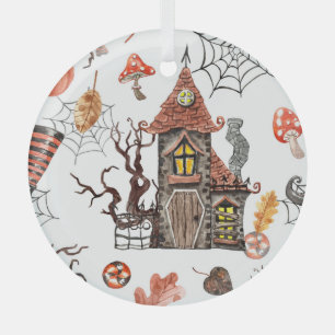 Adorno De Cristal Acuarela de Halloween: Patrón de la casa embrujada