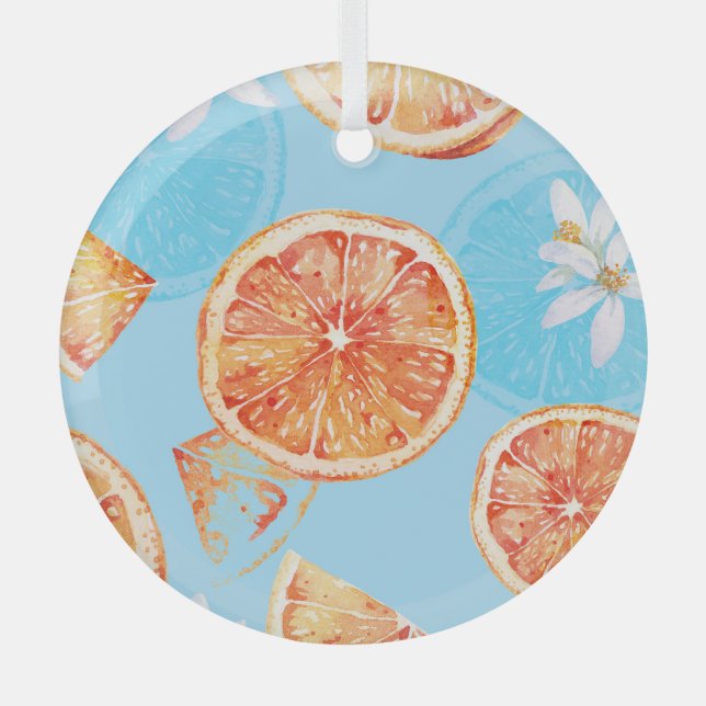 Adorno De Cristal Acuarela de mandarinas: tela azul de lujo (Anverso)