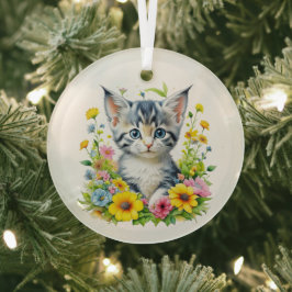 Adorno De Cristal Acuarela Gatito Flores Navidad