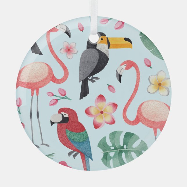 Adorno De Cristal Acuarela Tropical: Fusión De Flor De Ave. (Anverso)