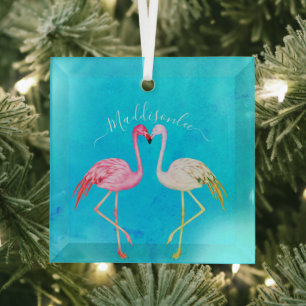 Adorno De Cristal acuarela tropical verde azulada Monograma Flamingo