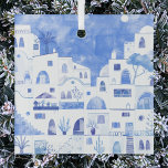 Adorno De Cristal Agua de Santorini Grecia<br><div class="desc">Un cuadro de la hermosa isla griega de Santorini con una acuarela azul y blanca. Arte original de Nic Squirrell.</div>