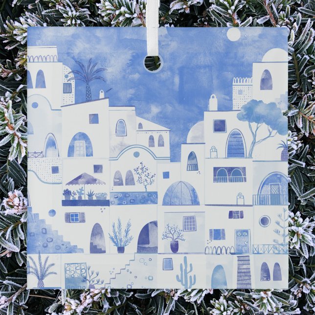 Adorno De Cristal Agua de Santorini Grecia (Santorini Oia Greece blue and white watercolor art Christmas ornament)