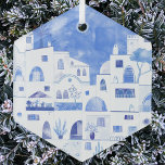 Adorno De Cristal Agua de Santorini Grecia<br><div class="desc">Un cuadro de la hermosa isla griega de Santorini con una acuarela azul y blanca. Arte original de Nic Squirrell.</div>