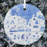 Adorno De Cristal Agua de Santorini Grecia<br><div class="desc">Un cuadro de la hermosa isla griega de Santorini con una acuarela azul y blanca. Arte original de Nic Squirrell.</div>