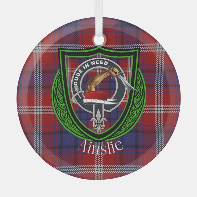 Adorno De Cristal Ainslie Scottish Clan Tartan & Escudo (Anverso)