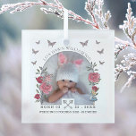 Adorno De Cristal Alicia Vintage En Anuncio De Nacimiento De La Tier<br><div class="desc">Alicia vintage de diseño bello con adorno de cristal con anuncio de nacimiento con temática de la tierra de las maravillas. Hemos restaurado meticulosamente el icónico ilustracion Alicia en el País de las Maravillas con arándanos blancos vintage y Alicia dibujando a mano y dándole vida con hermosos tonos de acuarela....</div>
