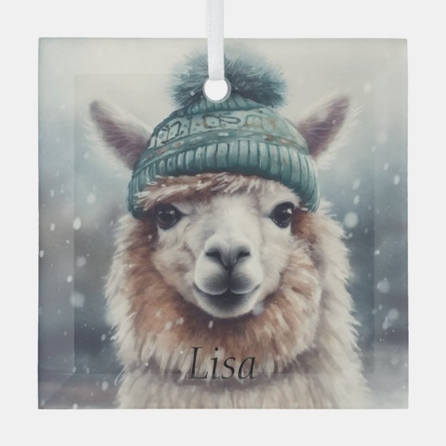 Adorno De Cristal Alpaca dulce de invierno, personalizado (Anverso)
