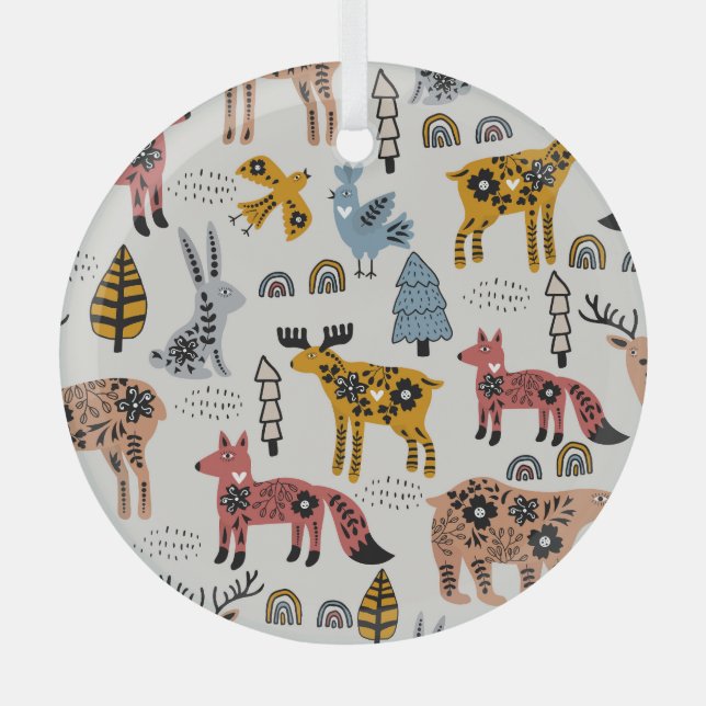 Adorno De Cristal Animales escandinavos, floral, lindo patrón. (Anverso)