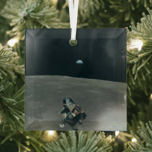 Adorno De Cristal Apollo Lunar Lander y Earrise Over Moon
